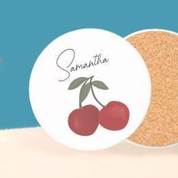 Porta-copos Two Red Cherries Illustration | Cute Fruit Art 