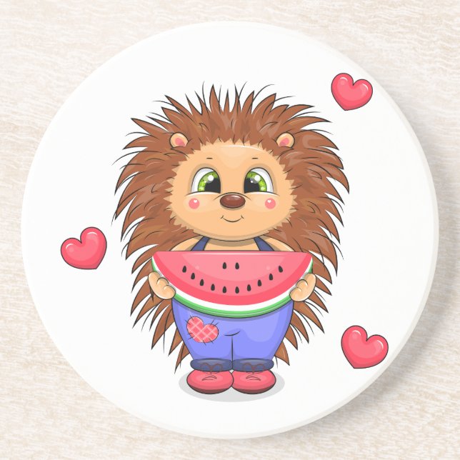 Porta-copos Um belo ouriço de desenho animado com melancia. (Frente)