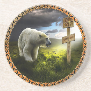 Porta-copos urso polar a olhar para o cartaz de madeira do pol