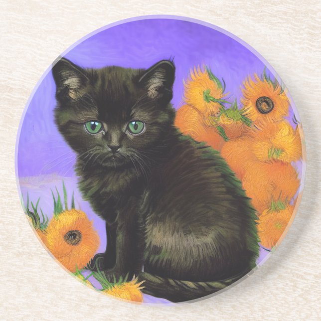 Porta-copos Van Gogh Black Kitten com Girassóis (Frente)
