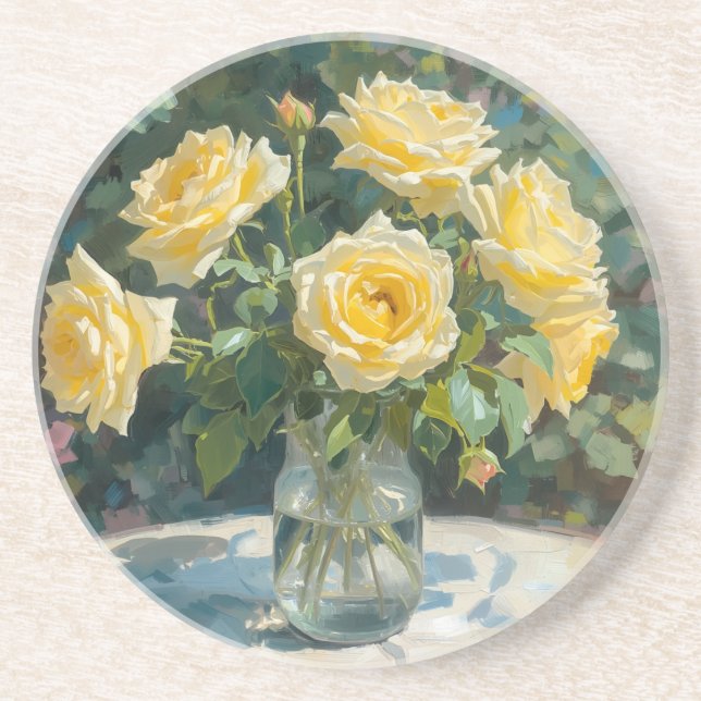 Porta-copos Vaso de Rosas Amarelas Impressionismo (Frente)