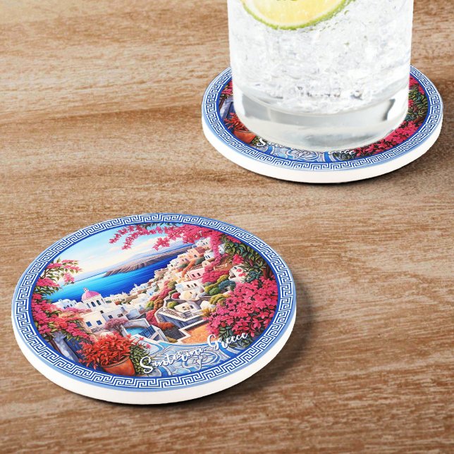 Porta-copos Viagem de pintura da Grécia Santorini Bougainville (Santorini Greece Bougainvillea Painting Travel Coaster)