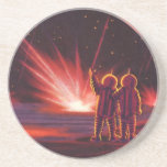 Porta-copos Vintage Science Fiction Alienígena Red Planet Expl<br><div class="desc">Imagem de Vintage,  ilustração futurista Science Fiction com astronautas alienígenas amigáveis acenando. Eles estão em um planeta ou lua vermelho com bolas de fogo explosivas que se parecem com fogos de artifício. Um clássico design de quadrinhos retrô 50 de ficção científica.</div>