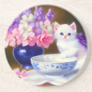 Porta-copos Vintage White Kitten com Fita Roxa