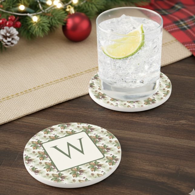 Porta-copos Watercolor Winter Botanical Pattern (Holiday monogram drink coaster)