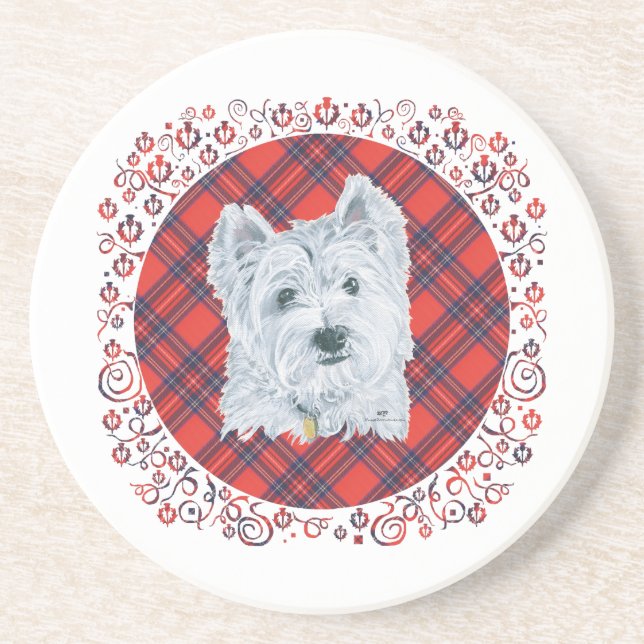 Porta-copos Westie no Tartan (Frente)