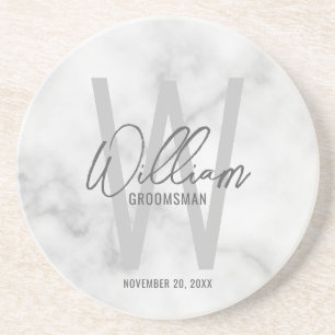 Porta-copos White Marble Script Personalized Groomsman's Name