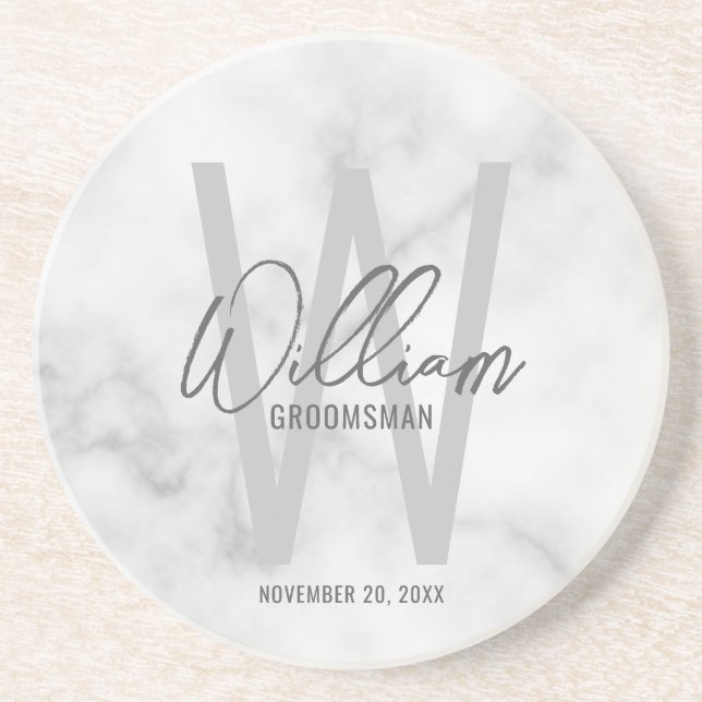 Porta-copos White Marble Script Personalized Groomsman's Name (Frente)