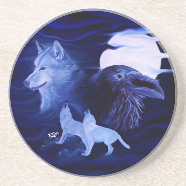 Porta-copos Wolves and Raven with full moon (Frente)