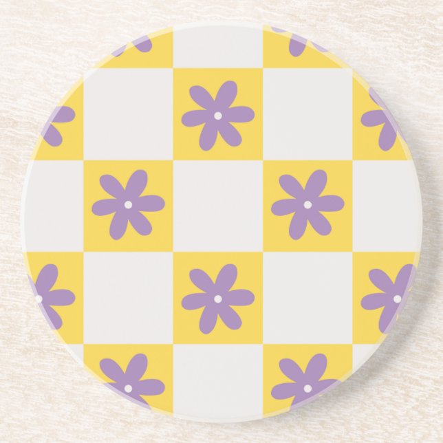 Porta-copos Yellow Checkerboard Floral Pattern – Purple Daisy  (Frente)