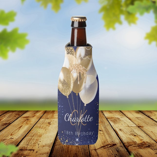 Porta-garrafa Aniversário Balões de ouro azuis marinho com nome  (Criador carregado)