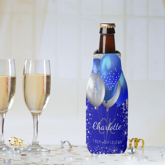 Porta-garrafa Aniversário Balões reais de ouro azuis, nome monog (Criador carregado)