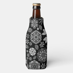Porta-garrafa Arte Floral Retro Preto e Cinza Padrão Sem Costura