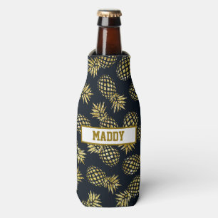 Porta-garrafa Azul Marinho Dourado Padrão de Abacaxi Monograma