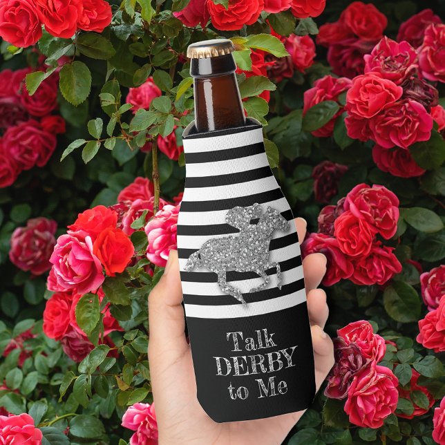 Porta-garrafa Bandas Brancas de Prata Derby Raça Cavalo Preto (Silver Derby Race Horse Black White Stripes Bottle Cooler)