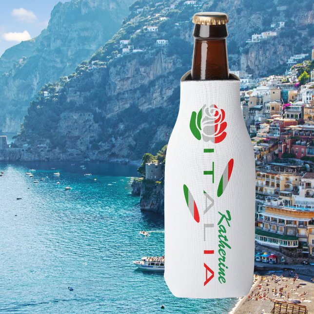 Porta-garrafa Bandiera d'Italia Rosa Personalizada (Personalized bottle cooler wirh rose and ITALIA for stem in colors of the Italian flag.)