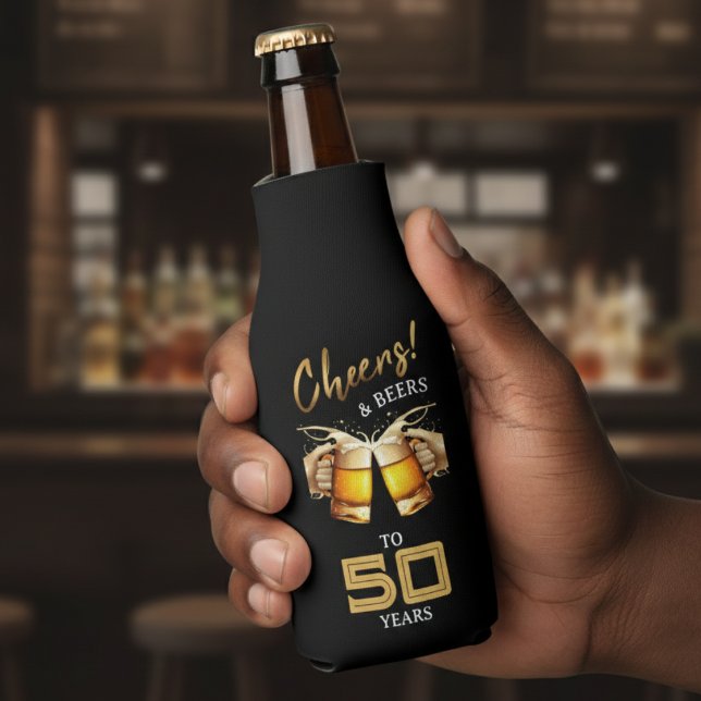 Porta-garrafa Black & Dourado Cheers & Beers 50 anos 50 anos 50  (Black & Gold Cheers & Beers 50 Years 50th Birthday Bottle Cooler
)