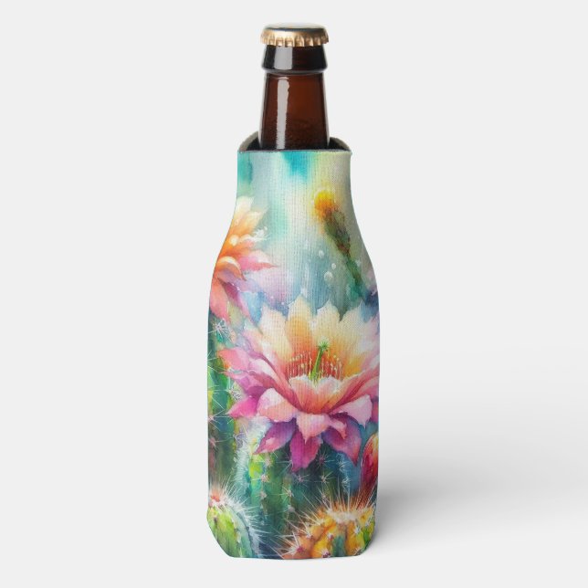 Porta-garrafa Cactos Suculentos de Flutuação de Aquarelas (Frente da Garrafa)