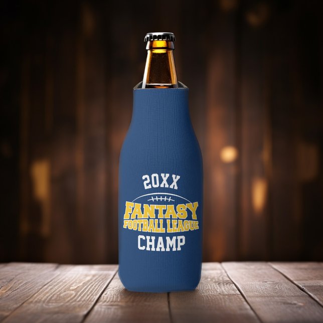 Porta-garrafa Campeão de Futebol da Fantasy - Azul e Amarelo (Fantasy Football Can Cooler - Add your name to this sporty personalized bottle cooler.)