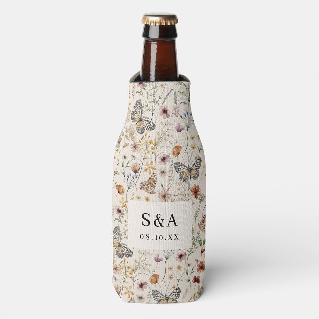 Porta-garrafa Casamento Floral Boêmio (Tan Wildflower with Butterflies Boho Floral Wedding Bottle Cooler by Painted Paperie
)