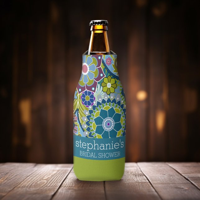 Porta-garrafa Chuva de Noiva Floral Flores Retro Teal e Verde (Funky retro floral pattern - personalized bottle cooler)