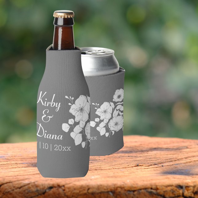 Porta-garrafa Cinza bonito e Casamento Floral Branco (Available for bottles, standard can and seltzer cans! Great wedding party gift idea)