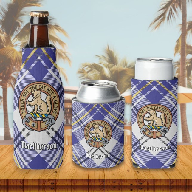 Porta-garrafa Clan MacPherson Crest sobre Blue Dress Tartan (Criador carregado)