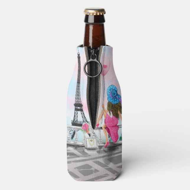 Porta-garrafa Eu adoro a mulher fria de Paris com balão rosa (traseira da garrafa)