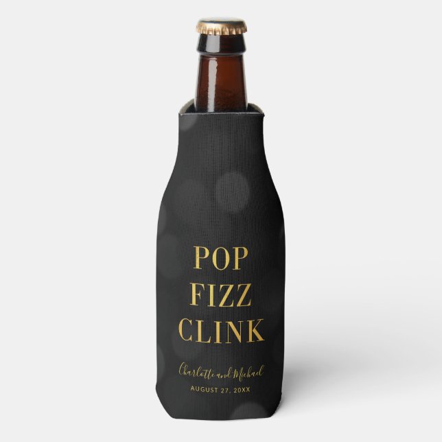 Porta-garrafa Faux Dourado Pop Fizz Clink Dark Bokeh (Frente da Garrafa)