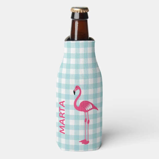 Porta-garrafa Flamingo rosa na geladeira Gingham (Frente da Garrafa)
