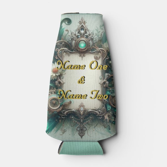Porta-garrafa Floral Steampunk Wedding Green e Silver (Frente)