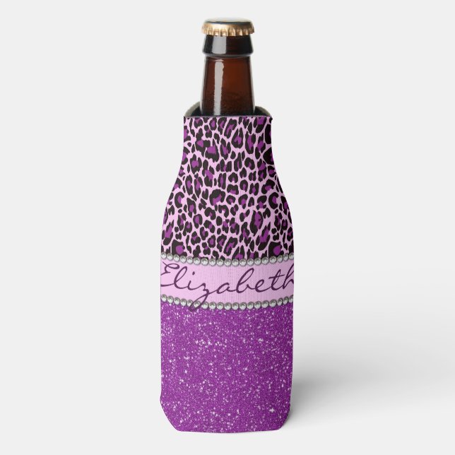 Porta-garrafa Leopardo Roxo Personalizado - Leopardo - Glitter d (Frente da Garrafa)