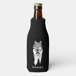 Porta-garrafa Lobo Hipster Engraçado com Tuxedo Preto Personaliz