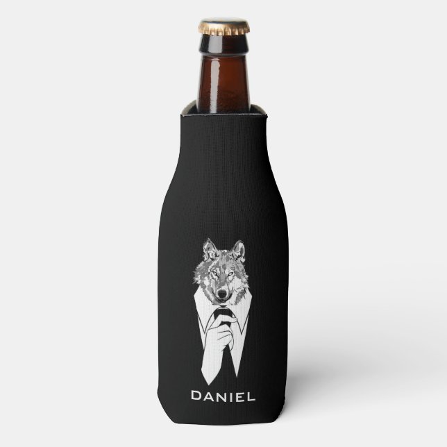 Porta-garrafa Lobo Hipster Engraçado com Tuxedo Preto Personaliz (Frente da Garrafa)
