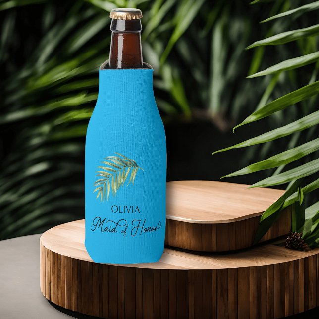 Porta-garrafa Madrinha de casamento Palm Leaf Qualquer Cor (Maid of Honor bottle cooler with tropical palm leaf and calligraphy)