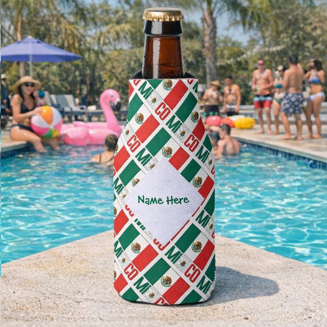 Porta-garrafa México: Bandeira mexicana com verde personalizada (Personalized bottle cozie with tiled Mexican Flag and MEXICO. Add a name inside the white fractal.)