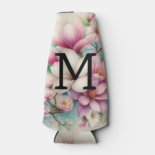 Porta-garrafa Monogram lace pink purple magnolias flowers  (Frente)