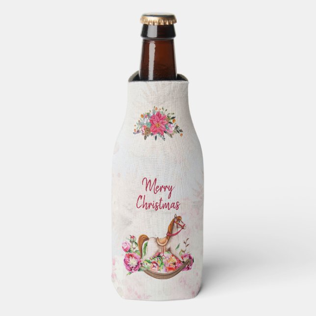 Porta-garrafa Natal Vitoriano do Cavalo Rocking e Poinsettia (Frente da Garrafa)