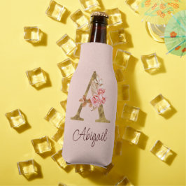 Porta-garrafa Nome Personalizado Folha de Ouro Blush Rosas Rosa