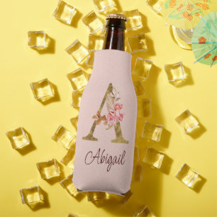 Porta-garrafa Nome Personalizado Folha de Ouro Blush Rosas Rosa