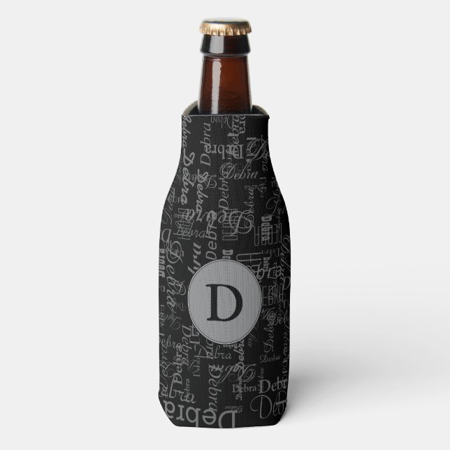 Porta-garrafa nome personalizado preto monograma (Frente da Garrafa)