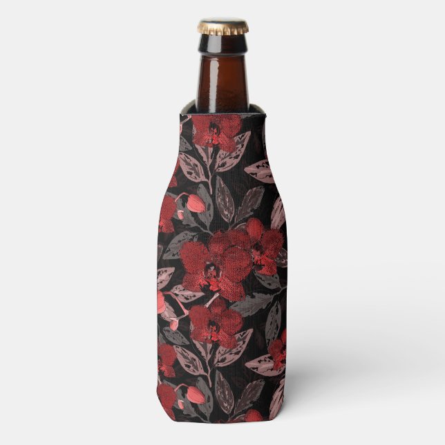 Porta-garrafa Orquídeas vermelhas em preto. (Frente da Garrafa)