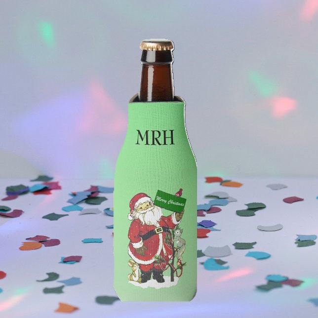 Porta-garrafa Papai Noel - Bons Animais Felizes Feliz Natal (Santa Claus with cute forest animals decorated tree on Merry Christmas green drink bottle cooler.)