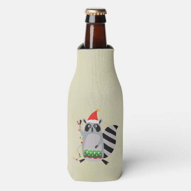 Porta-garrafa Raccoon Em Santa Hat Entrou Em Luzes De Xmas (Frente da Garrafa)