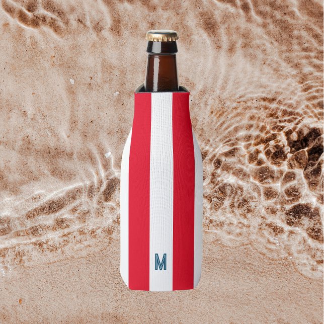 Porta-garrafa Red Cabana Stripe & Personalizado Monograma de Mar (Criador carregado)