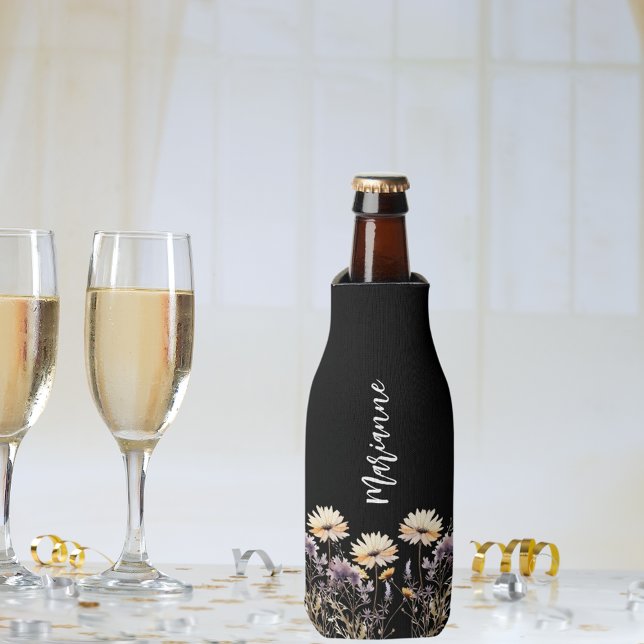 Porta-garrafa Script de nome personalizado preto de flores selva (Criador carregado)