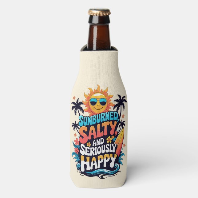 Porta-garrafa Sunburned Salty and Happy – Retro Beach Vibes (Frente da Garrafa)
