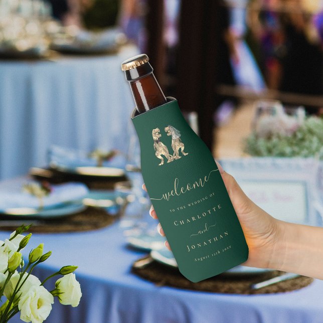 Porta-garrafa Tema Dinossauro Casamento Verde Escuro (Dinosaur wedding dark green custom beer bottle cooler funny T-Rex Jurassic dino bride and groom )