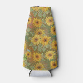 PORTA-GARRAFA VERDE COM FLORES AMARELOS E DOURADOS