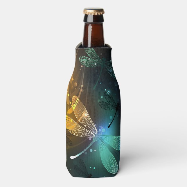Porta-garrafa Voo luminoso verde de libélula (Frente da Garrafa)